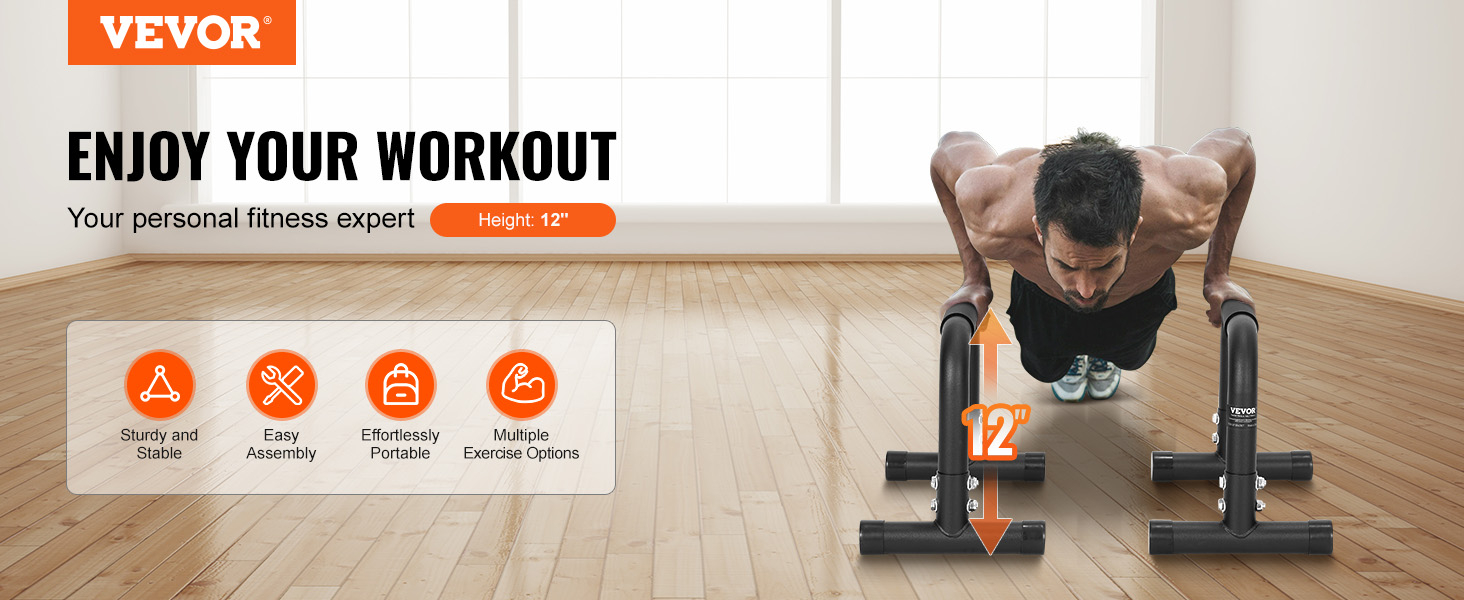 man doing push-ups with VEVOR dip bars on a wooden floor; sturdy, easy assembly, portable, multiple exercises.