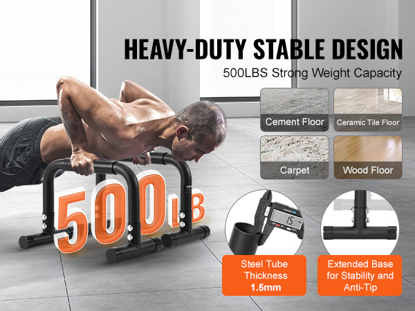 heavy-duty VEVOR dip bars with 500lbs weight capacity, showcasing stability on various floor types.
