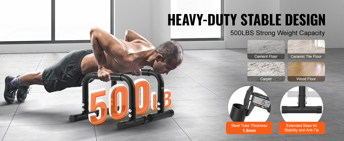 heavy-duty VEVOR dip bars with 500lbs weight capacity, showcasing stability on various floor types.