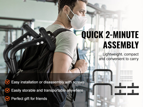 VEVOR dip bars easy to assemble, portable, and perfect for any gym setting or travel needs.