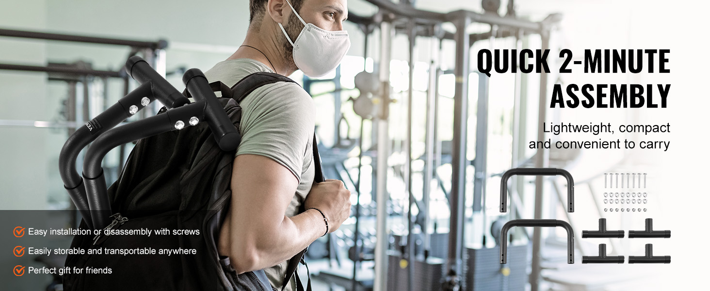 VEVOR dip bars easy to assemble, portable, and perfect for any gym setting or travel needs.