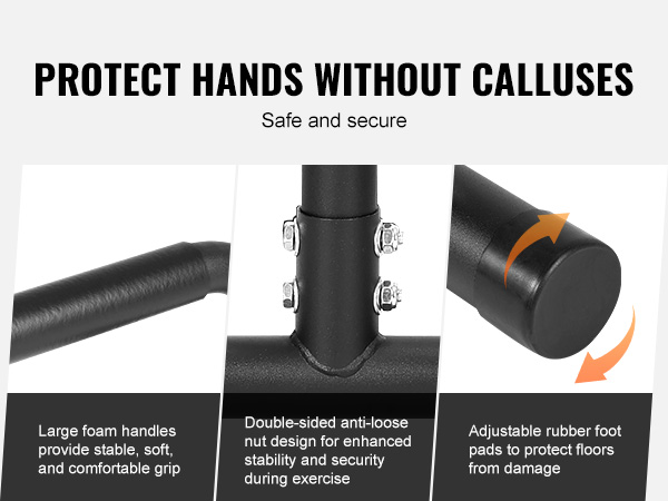 protective VEVOR dip bars with foam handles, anti-loose bolts, and adjustable rubber foot pads.