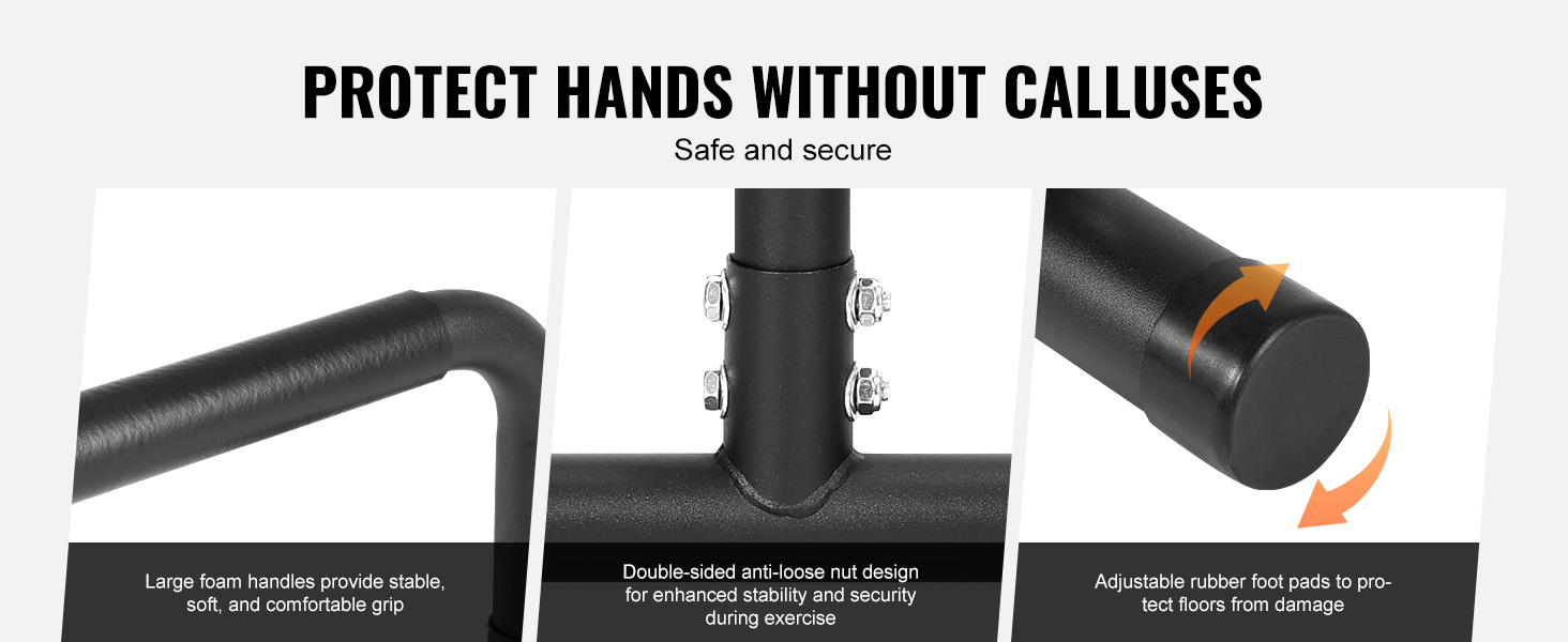 protective VEVOR dip bars with foam handles, anti-loose bolts, and adjustable rubber foot pads.