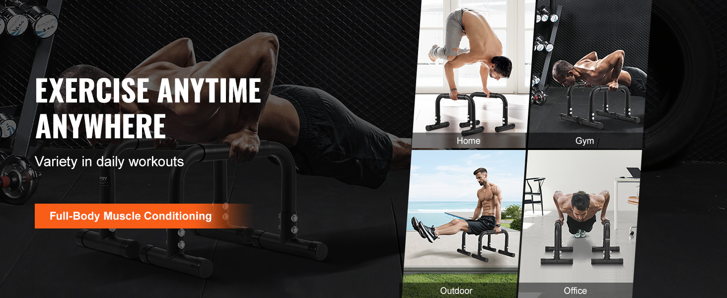 VEVOR dip bars for full-body muscle conditioning at home, gym, outdoor, and office workouts.