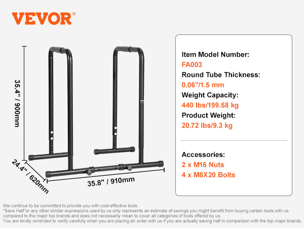 VEVOR dip bar model fa003, 35.8'' width, 24.4'' depth, 35.4'' height, 440 lbs capacity, 20.72 lbs weight.