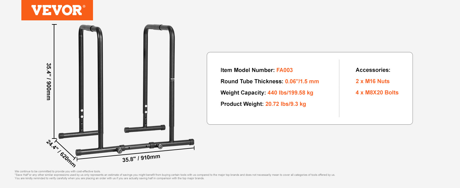 VEVOR dip bar model fa003, 35.8'' width, 24.4'' depth, 35.4'' height, 440 lbs capacity, 20.72 lbs weight.