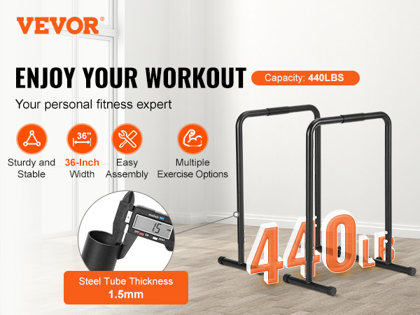 VEVOR dip bar with 440lbs capacity, 36-inch width, sturdy and stable, easy assembly, versatile workout.