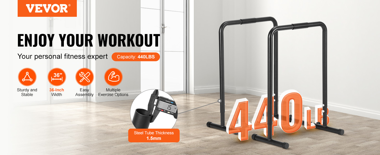 VEVOR dip bar with 440lbs capacity, 36-inch width, sturdy and stable, easy assembly, versatile workout.