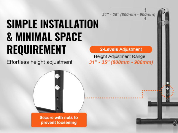 VEVOR dip bar with adjustable height 31"-35", simple installation, secure with nuts, minimal space required.