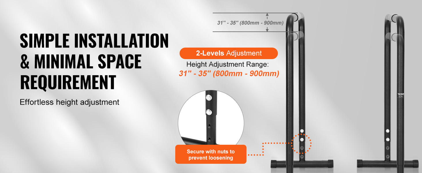 VEVOR dip bar with adjustable height 31"-35", simple installation, secure with nuts, minimal space required.