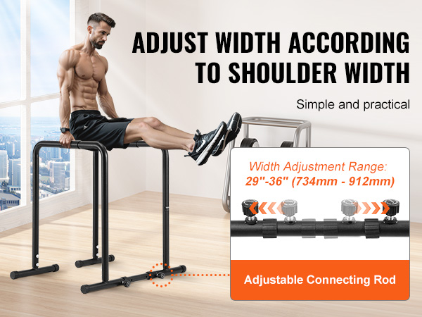 VEVOR dip bar with adjustable width range of 29"-36" (734mm-912mm), ideal for home workouts.