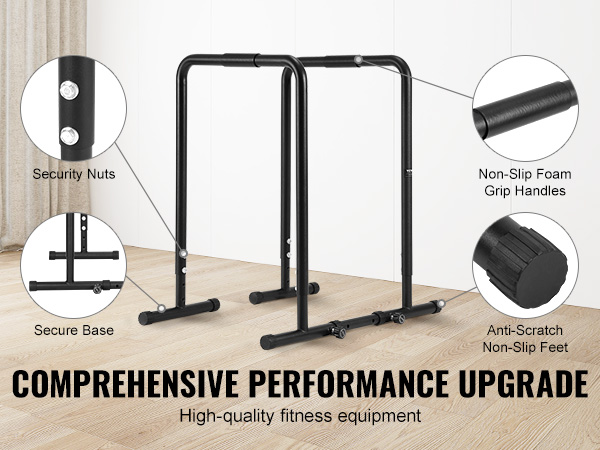 VEVOR dip bar featuring non-slip foam grip handles, secure base, anti-scratch feet, and security nuts.