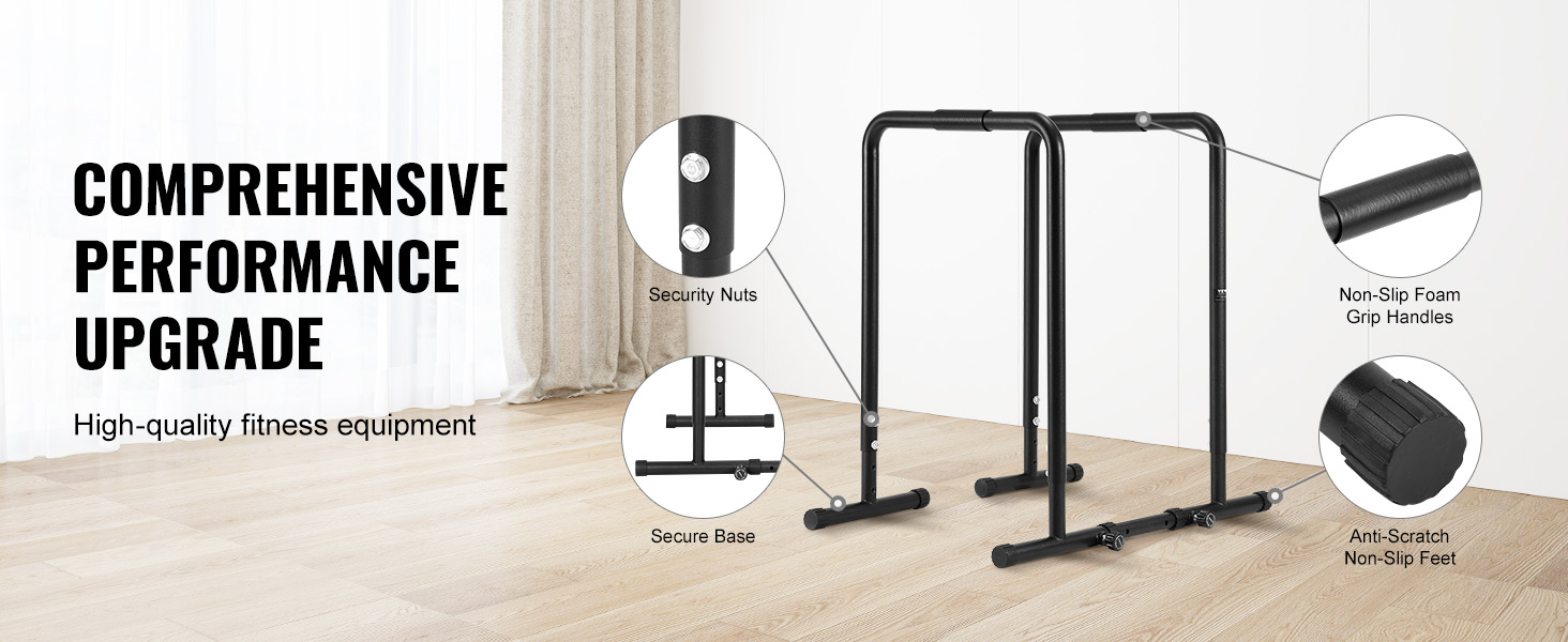 VEVOR dip bar featuring non-slip foam grip handles, secure base, anti-scratch feet, and security nuts.