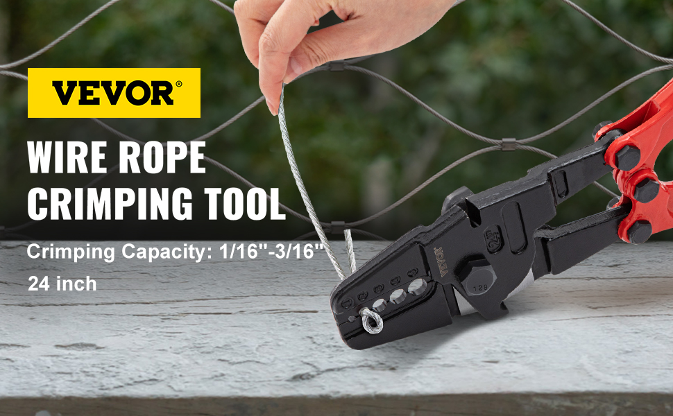 VEVOR hand swager crimper, 24-inch wire rope tool in use, crimping cable.