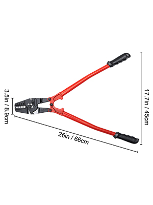 VEVOR hand swager crimper with red handles and measurement details.