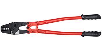 red and black VEVOR hand swager crimper with textured grips and steel jaws.