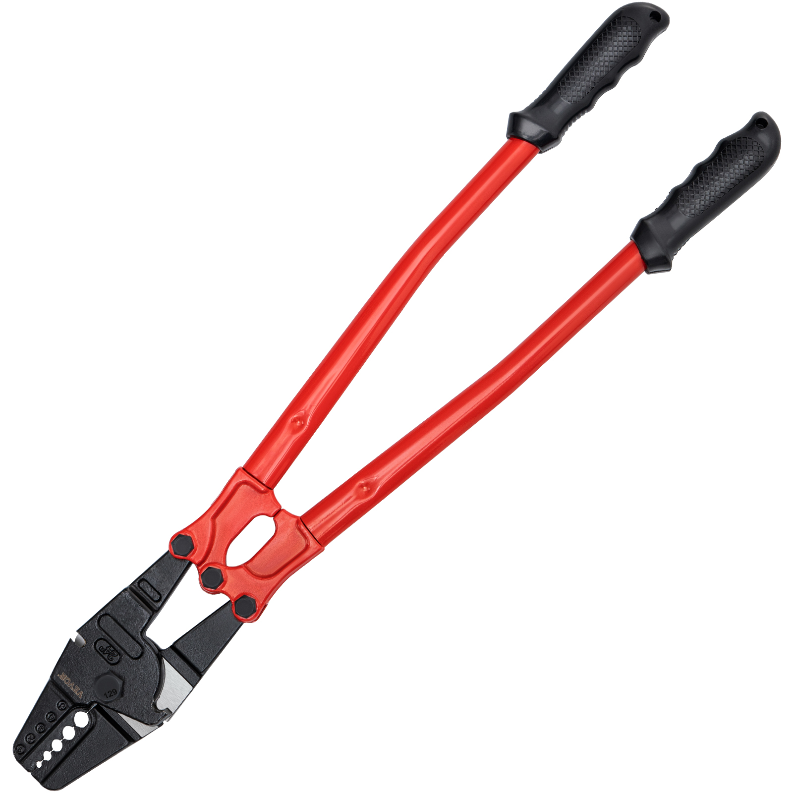 VEVOR hand swager crimper with red handles and black crimping jaws.