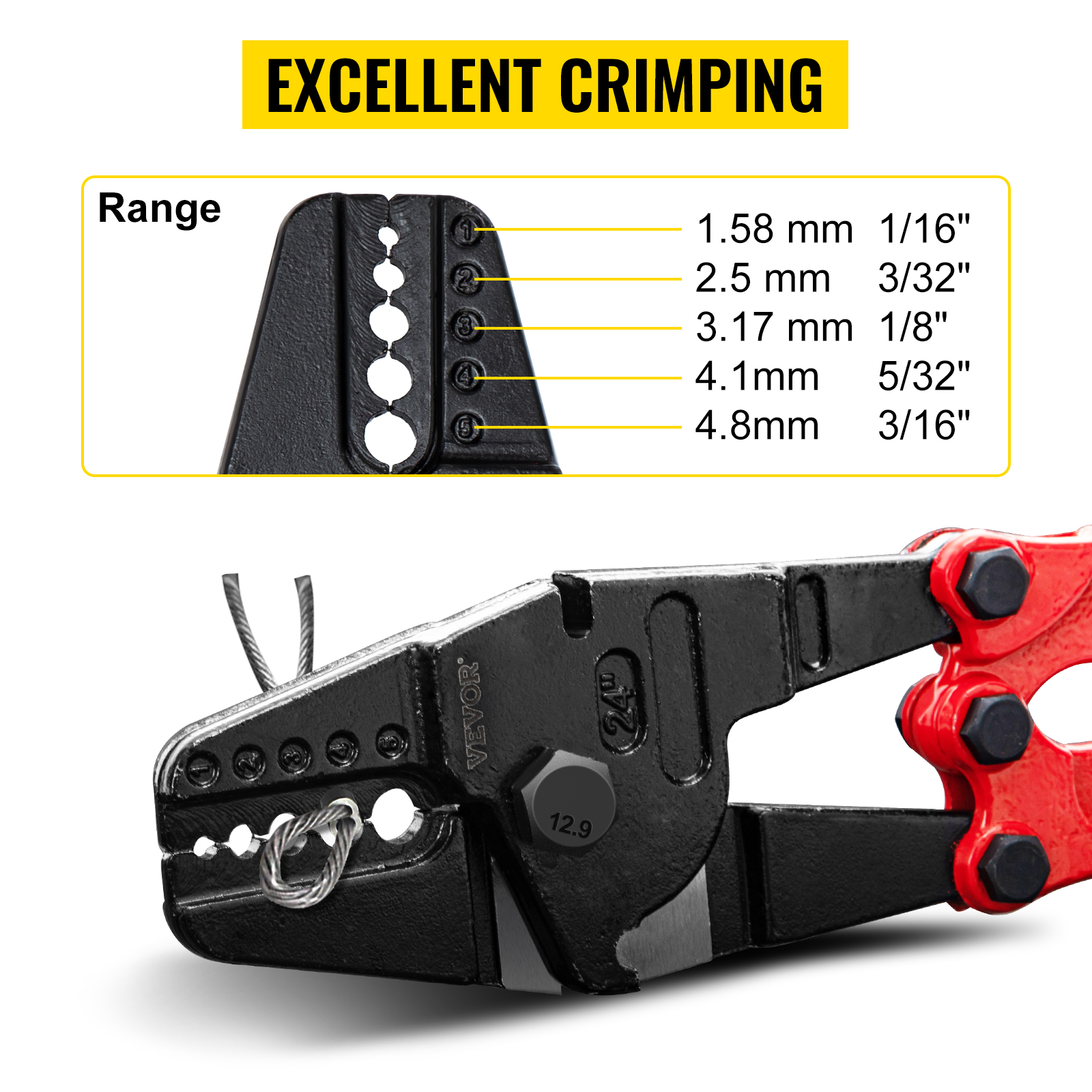 VEVOR hand swager crimper with 5 different crimping sizes for excellent crimping.