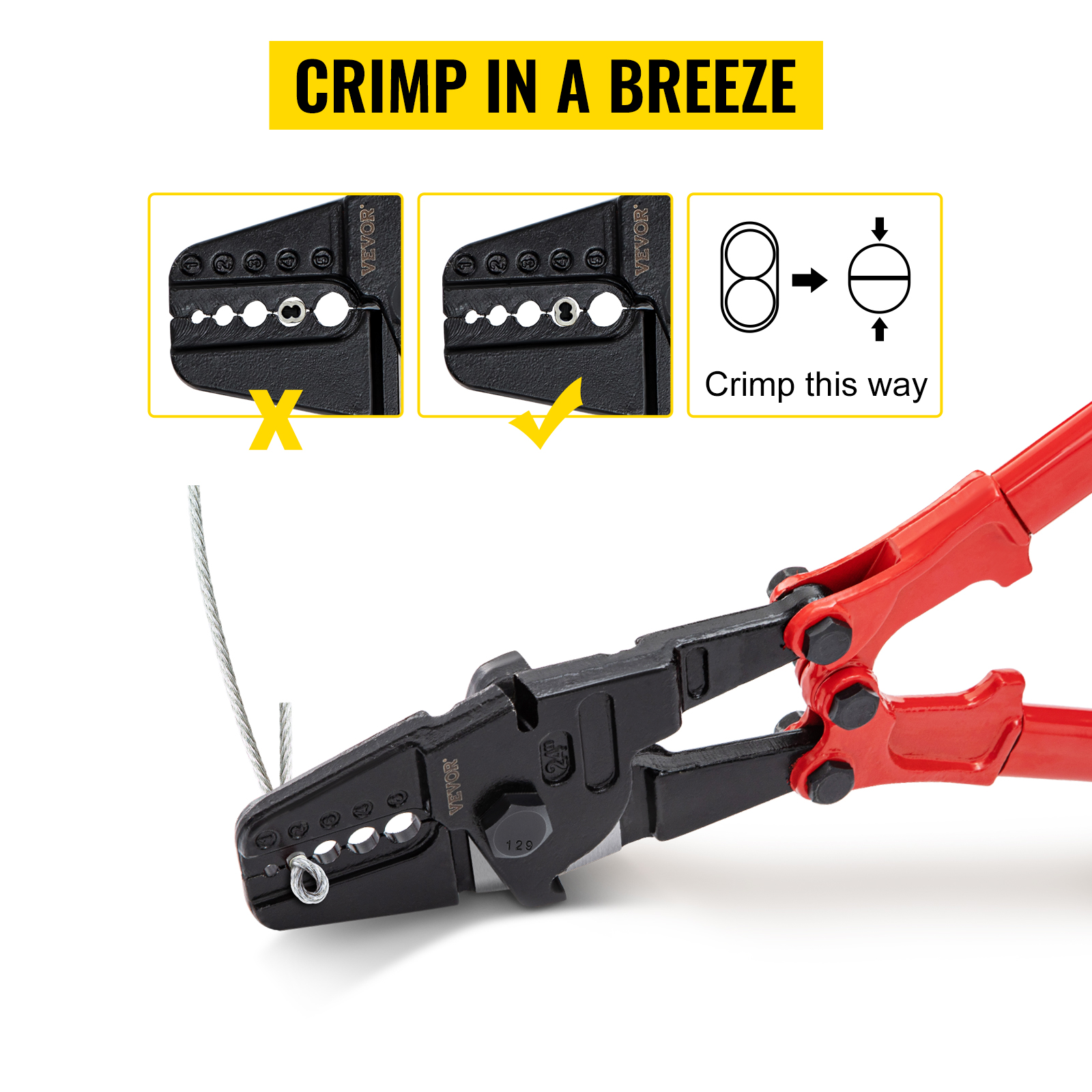 VEVOR hand swager crimper with red handles and wire crimping guide.
