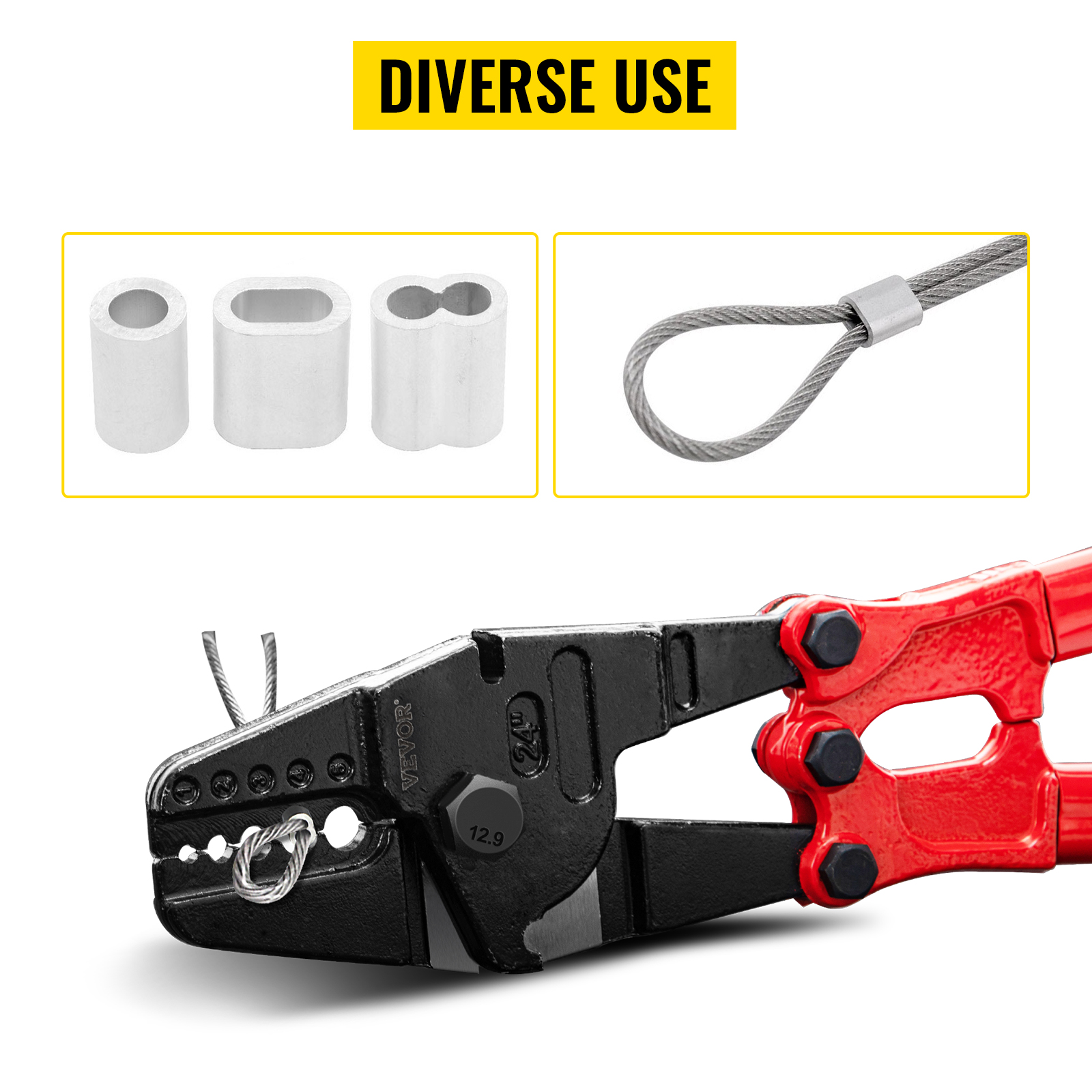 VEVOR hand swager crimper with aluminum sleeves and wire rope loop for diverse use.