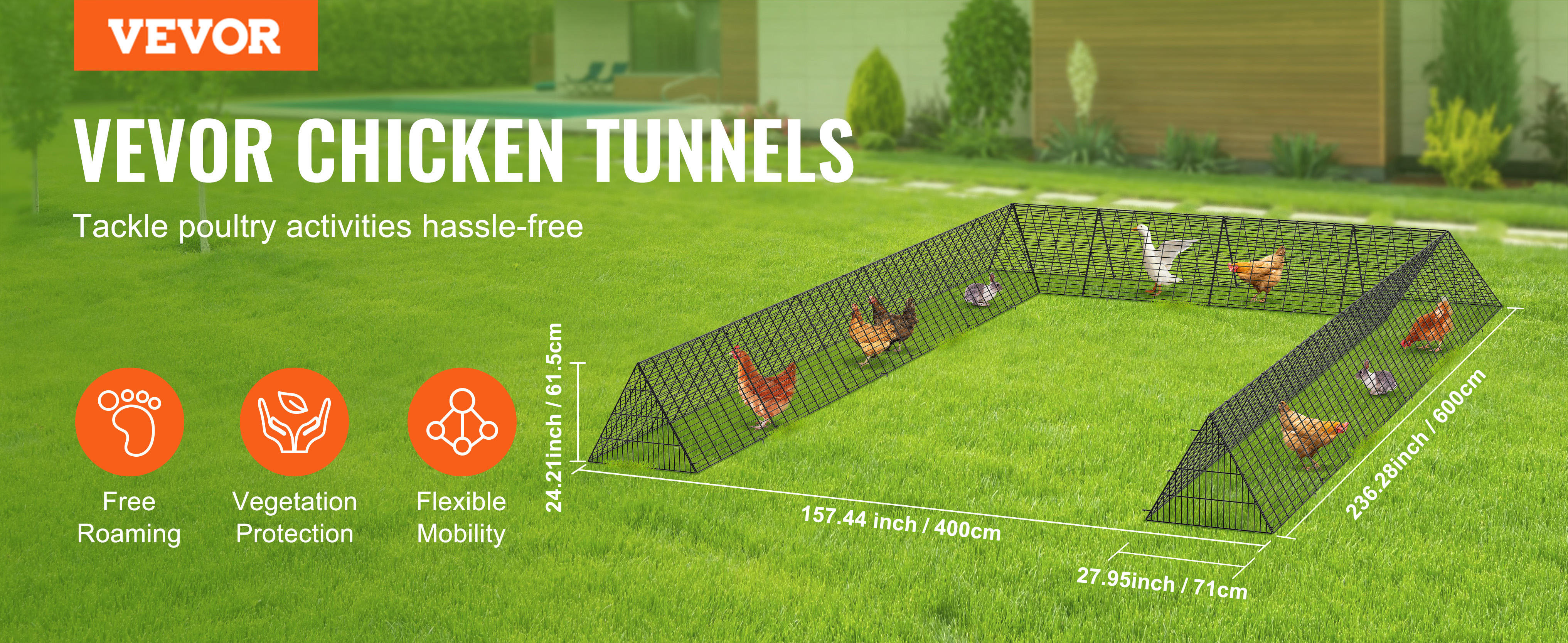 VEVOR chicken tunnels for flexible mobility and vegetation protection, allowing poultry to roam freely.