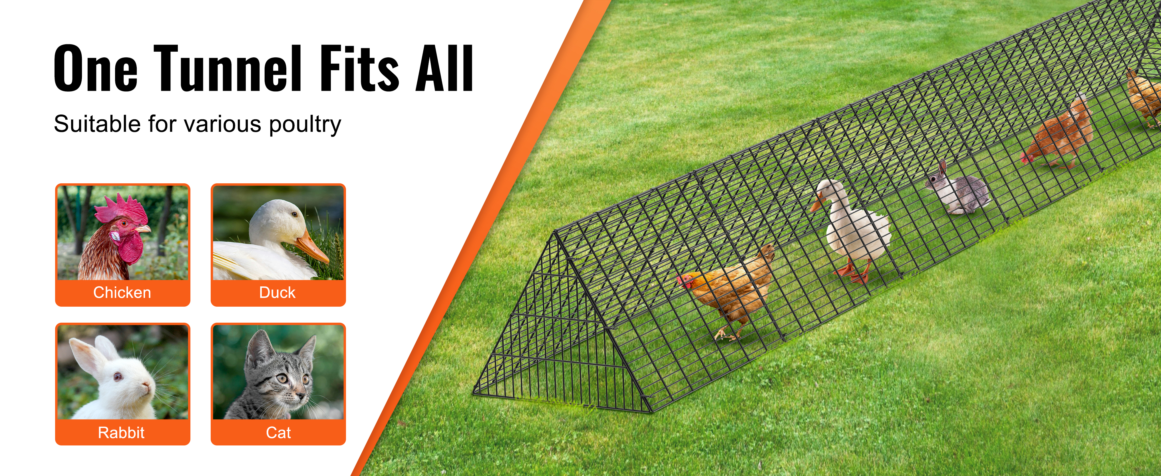 VEVOR chicken tunnels for chicken, duck, rabbit, cat in a green field. one tunnel fits all.