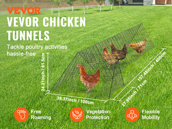 VEVOR chicken tunnels in a green yard with chickens inside, highlighting roaming, protection, and mobility.