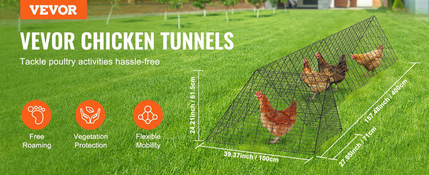 VEVOR chicken tunnels in a green yard with chickens inside, highlighting roaming, protection, and mobility.