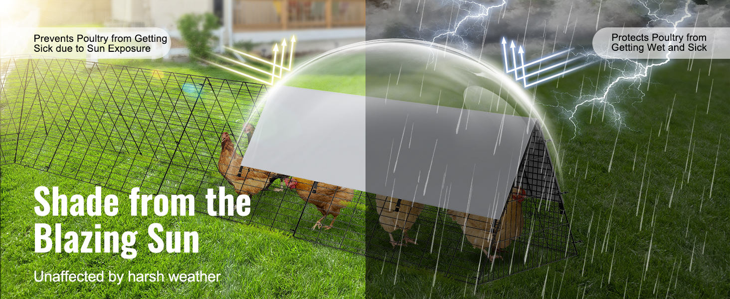 VEVOR chicken tunnels protect poultry from sun and rain, ensuring their health in various weather conditions.