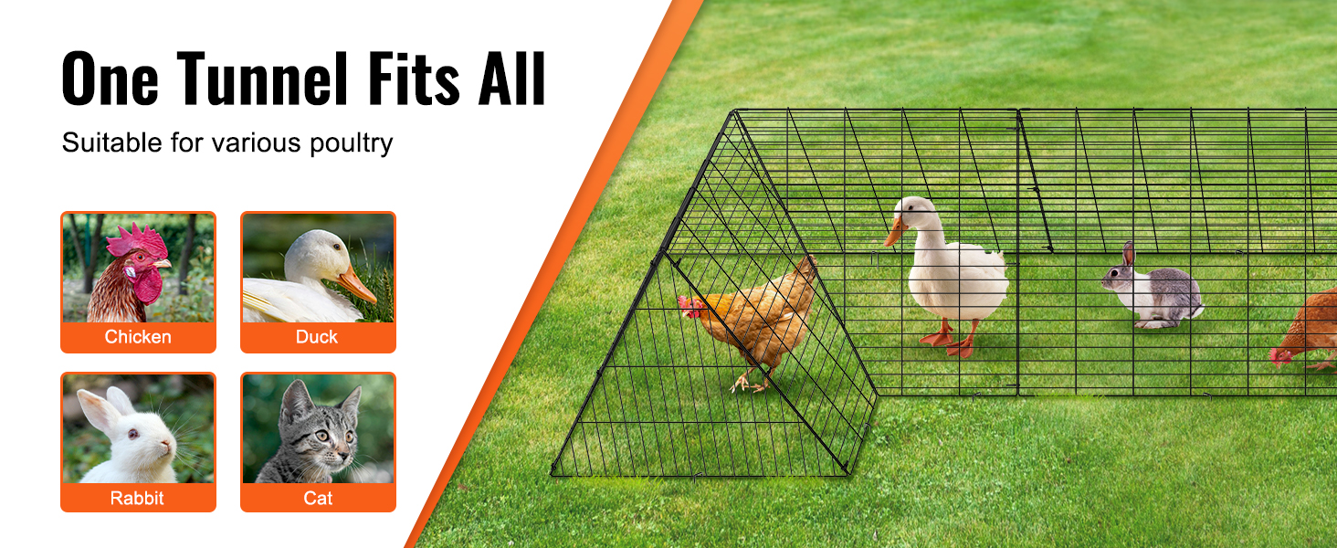 VEVOR chicken tunnels: versatile enclosure for chickens, ducks, rabbits, and cats on green grass.
