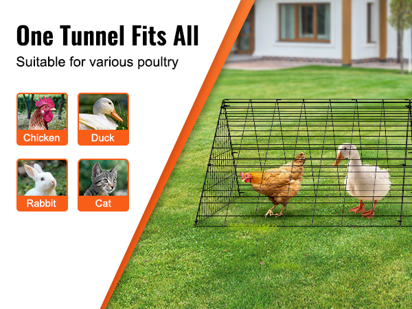 VEVOR chicken tunnels for various poultry including chicken, duck, rabbit, and cat on green lawn.