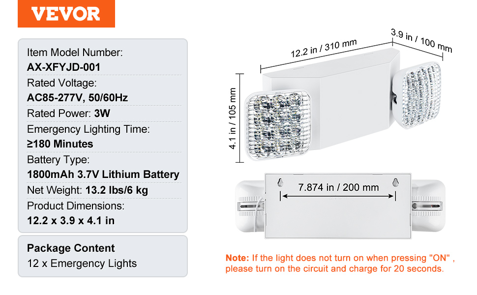 VEVOR emergency light specifications: model ax-xfyjd-001, 1800mah 3.7v lithium battery, 12-pack.