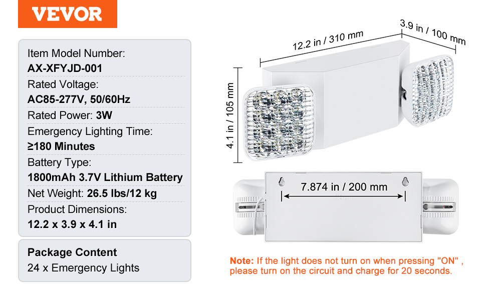 VEVOR emergency light, ac85-277v, 1800mah battery, 3w, 180 mins lighting, 12.2 x 3.9 x 4.1 in, 24 pack.