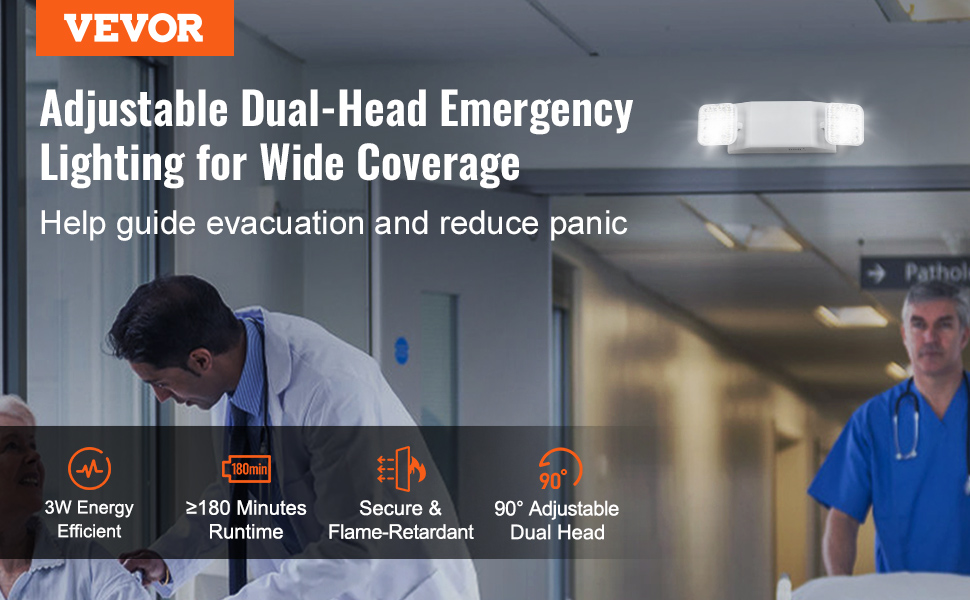 VEVOR emergency light: dual-head, adjustable lighting for wide coverage, 3w energy-efficient, 180min runtime.