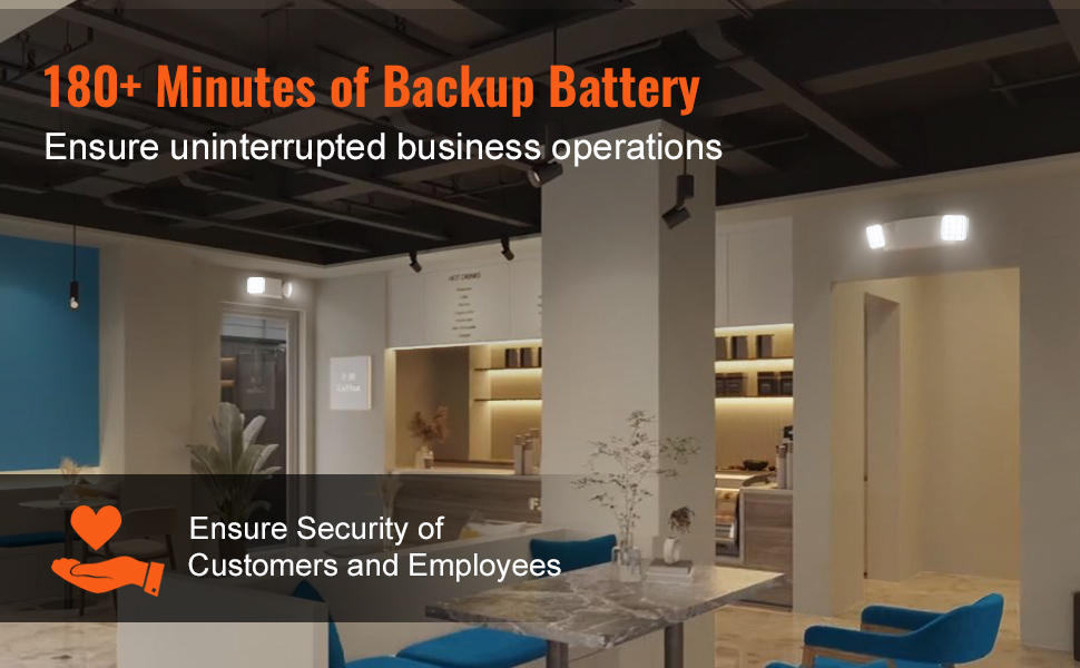 VEVOR emergency light in modern office ensures 180+ minutes of backup battery for continuous operations.