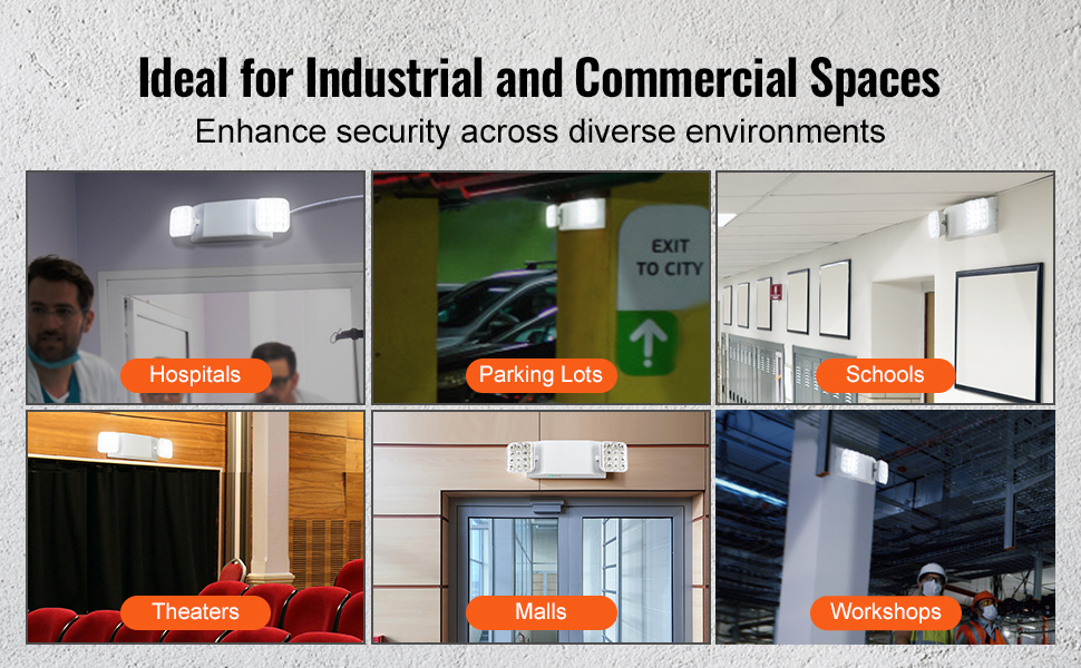 VEVOR emergency light in hospitals, parking lots, schools, theaters, malls, and workshops.