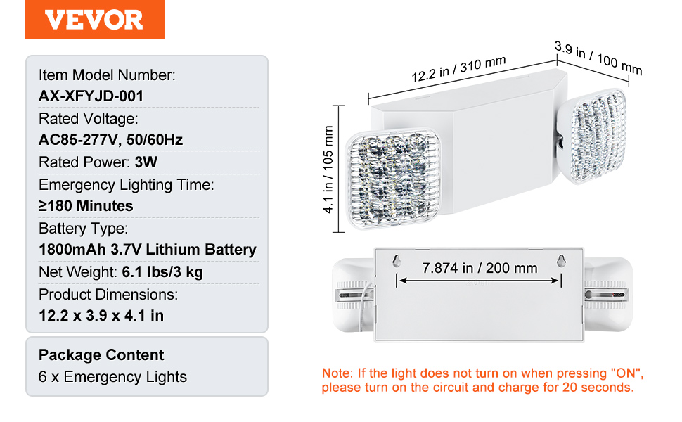 VEVOR emergency light with dual led heads, 1800mah lithium battery, dimensions: 12.2x3.9x4.1 in.