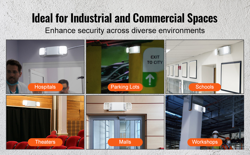 VEVOR emergency light installed in hospitals, parking lots, schools, theaters, malls, and workshops.