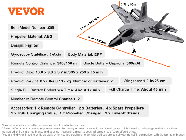 VEVOR rc airplane z58, 6-axis gyro, 41cm wingspan, 2 channels, 335x253x95mm, abs propeller, epp body.