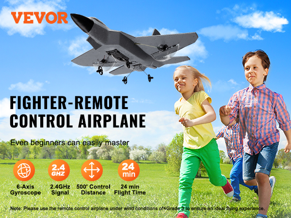 VEVOR rc airplane with 24-minute flight time, 500' control distance, 6-axis gyroscope, and 2.4ghz signal.