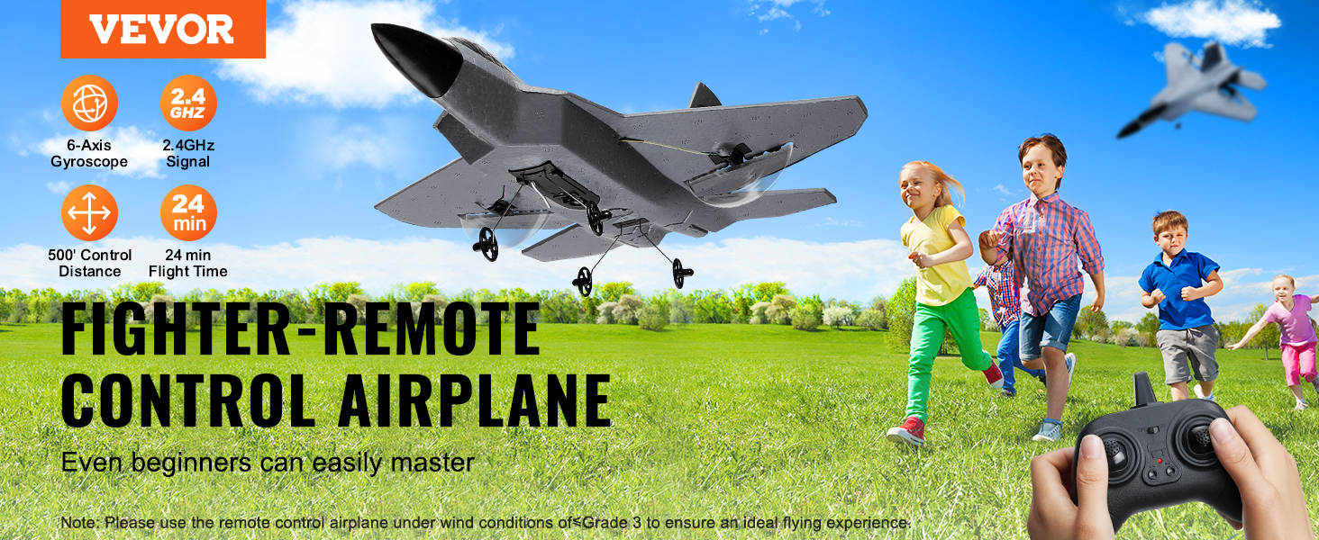VEVOR rc airplane with 24-minute flight time, 500' control distance, 6-axis gyroscope, and 2.4ghz signal.