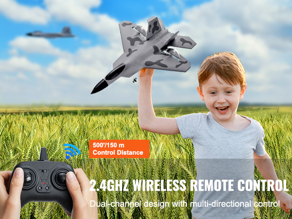 2.4ghz wireless remote control for VEVOR rc airplane with 500'/150m range, dual-channel multi-directional.