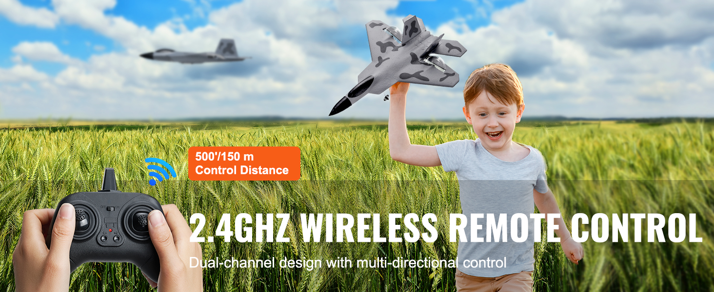 2.4ghz wireless remote control for VEVOR rc airplane with 500'/150m range, dual-channel multi-directional.
