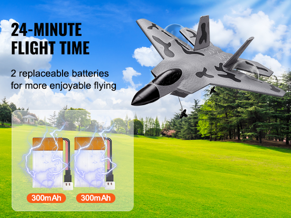 VEVOR rc airplane flying over a green field with 24-minute flight time and two 300mah batteries.