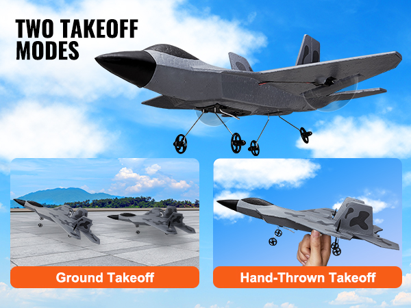 VEVOR rc airplane showcasing ground and hand-thrown takeoff modes against a clear blue sky.