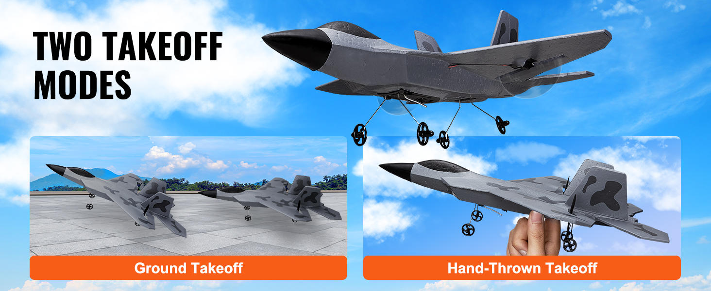 VEVOR rc airplane showcasing ground and hand-thrown takeoff modes against a clear blue sky.