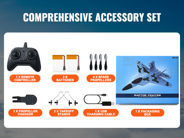 comprehensive accessory set for VEVOR rc airplane: remote controller, batteries, propellers, packaging box.