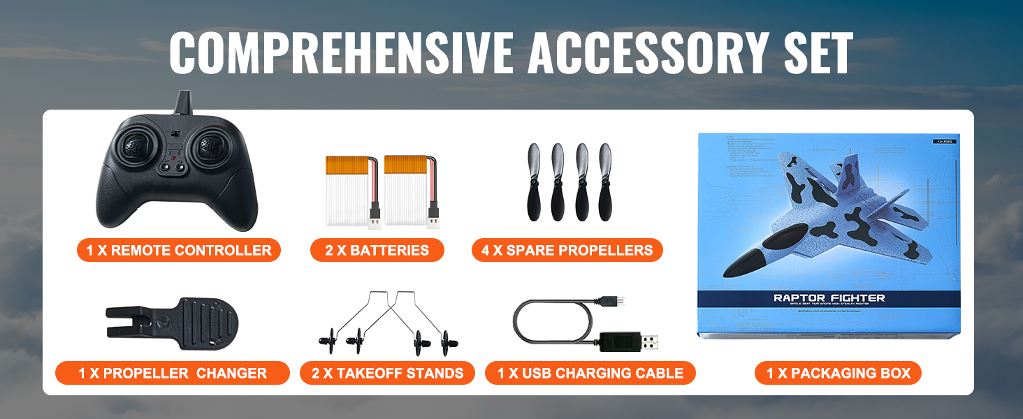 comprehensive accessory set for VEVOR rc airplane: remote controller, batteries, propellers, packaging box.