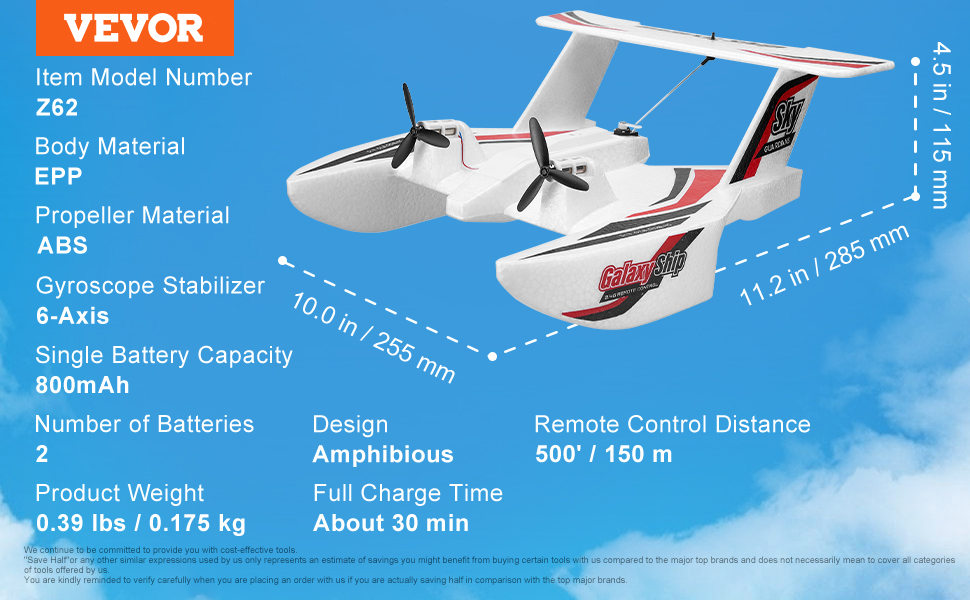 VEVOR rc airplane z62 features epp body, abs propellers, 6-axis gyro, 800mah battery, and 500ft range.