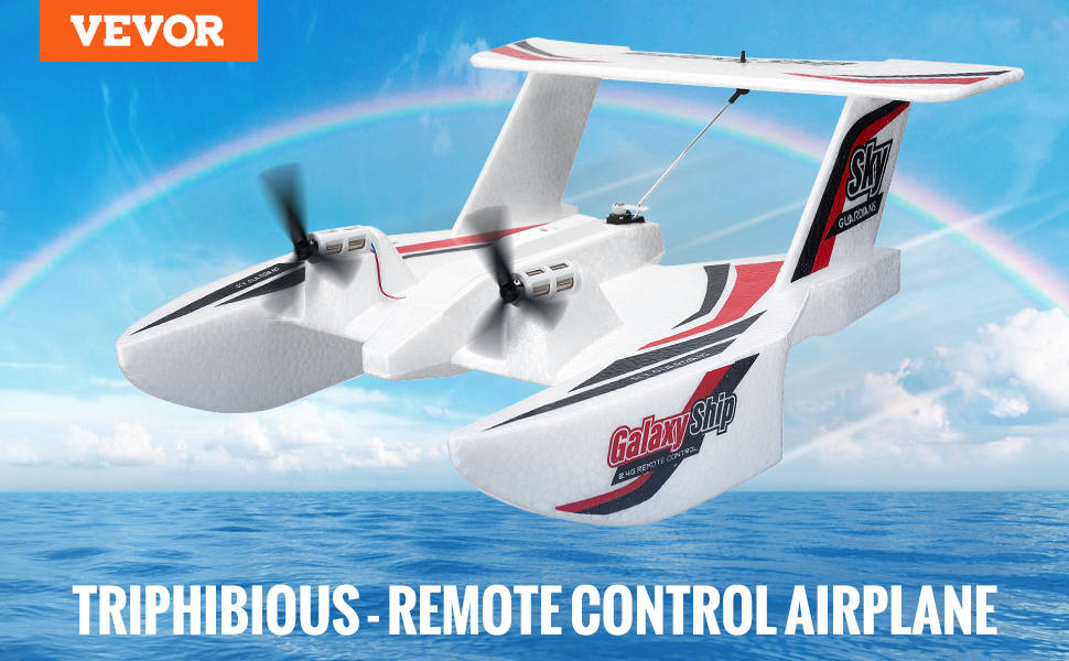 VEVOR rc airplane flying over water with a rainbow in the background.
